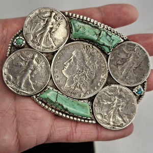 Navajo Sterling Silver Belt Buckle Morgan Dollar Walking Liberty Turquoise USA